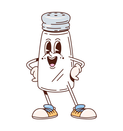 Salt shaker retro groovy kitchenware and utensil character. Isolated cartoon vector culinary personage with a smiling face, cheerful expression and wearing sneakers, exudes a playful and friendly vibeのイラスト素材