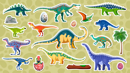 Prehistoric dinosaur stickers, vector dino species, eggs and elements like palm tree, fallen log and rock. Colorful isolated patches with ancient reptile animals against patterned backgroundのイラスト素材