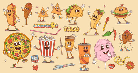 Fast food cartoon retro groovy characters, funky burgers and pizza, vector personages. Happy groovy taco with popcorn and cheeseburger, hot dog and taco with coffee in 70s hippie or hipster groovy artのイラスト素材