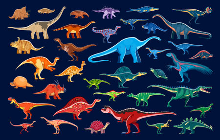 Prehistoric dinosaurs and reptiles cartoon characters. Cute color jurassic dino animals vector background with triceratops, lotosaurus, glyptodon. Extinct carnotaurus, raptor and archelon dinosaursのイラスト素材