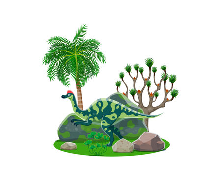 Cartoon dinosaur or prehistoric lizard Hypacrosaurus character, vector Cretaceous era dino animal. Prehistoric period and Jurassic park funny Hypacrosaurus dinosaur on two legs in jungle forestのイラスト素材