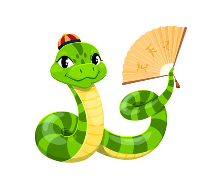 Cartoon snake character wearing a traditional Chinese hat and holding a decorative fan, symbolizing the 2025 Chinese lunar year. Cute reptile conveys playful and festive mood while celebrating holidayのイラスト素材
