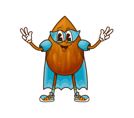 Groovy superhero almond nut character, dressed in a blue cape and mask. Cartoon vector food personage with a playful expression and a confident stance, promoting healthy snacking and nutritionのイラスト素材