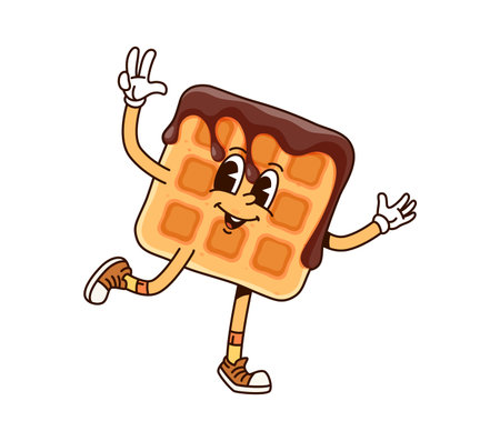 Groovy Belgian waffle character with chocolate topping. Cartoon vector wafer with choco dripping, cute fresh appetizer personage with smiling face and big eyes. Retro confectionery, funky pastry snackのイラスト素材