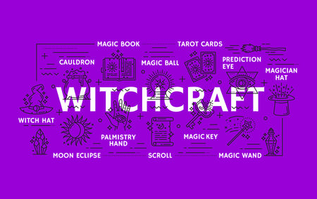 Witchcraft and magic icons. Mystery esoteric symbols. Supernatural vector line signs as magic book, tarot cards and cauldron, crystal ball, moon eclipse and wand, scroll palmistry hand and witch hatのイラスト素材