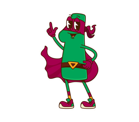 Math number one superhero groovy character. Isolated cartoon vector playful retro digit 1 personage in costume and mask of defender, standing with pointing finger exudes confidence and positivityのイラスト素材
