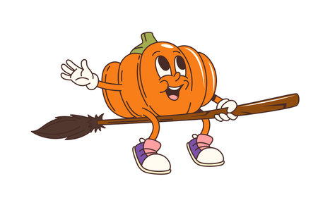 Groovy Halloween pumpkin character on witch broom for horror night holiday, cartoon vector. Funny groovy pumpkin flying on broomstick with funky happy face for Halloween trick or treat characterのイラスト素材