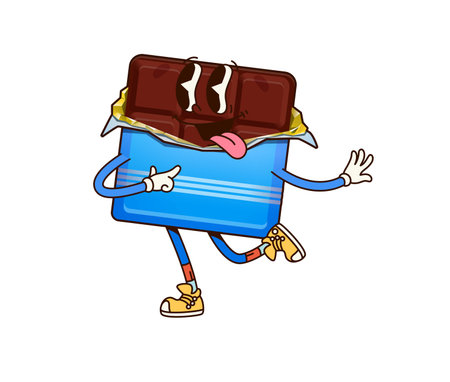 Groovy chocolate dessert character. Cartoon vector sweet candy bar in wrapping, confectionery dessert personage with a joyful expression, exudes fun, happiness and playfulness with sticking tongueのイラスト素材