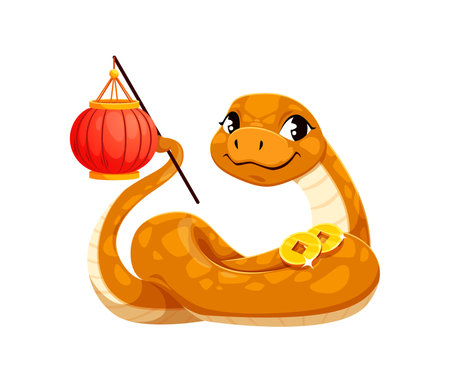 Cartoon snake character with golden coins holding a red lantern, symbolizing the Chinese lunar year, wealth and prosperity. Charming vector zodiac reptile conveys a festive and traditional atmosphereのイラスト素材