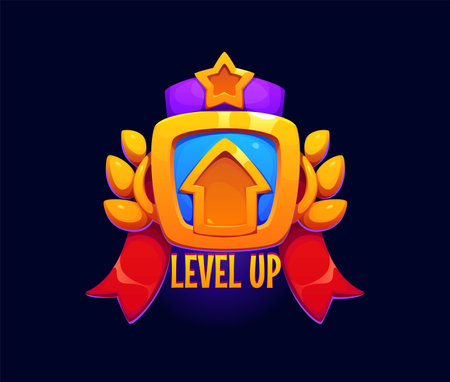 Level up game reward, rate icon. Cartoon vector pop up badge for gaming interfaces and platforms, features arrow on golden shield with red ribbon, star and laurel leaves, symbolizing user achievementのイラスト素材