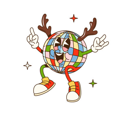 Cartoon groovy Christmas disco ball character. Vector festive retro personage with colorful facets, reindeer horns and cheerful smile happily dancing adds playful and lively vibe to xmas celebrationのイラスト素材