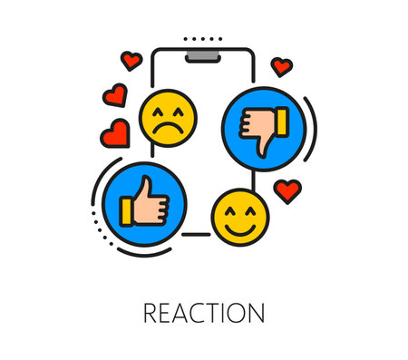 Web blogging reaction or social media line icon. Network blogger influence, Internet blogging content feedback linear vector pictogram. Social media comment outline icon with like and dislike singsのイラスト素材