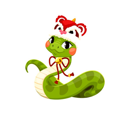 Cartoon green snake character in festive hat with traditional Chinese elements, evoking joy and prosperity. Isolated vector reptile, symbol of China lunar year 2025 capture spirit of Asian celebrationのイラスト素材