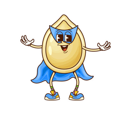 Groovy pumpkin seed superhero character. Cartoon vector nut personage dressed in blue defender costume with mask and cape, cracking jokes and battling villains with the power of his nutty strengthのイラスト素材
