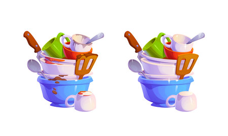 Dirty and clean restaurant dishes or kitchen plates stack for wash, cartoon vector. Dirty and clean dishes pile of cups and tableware, plates before and after dishwashing with food stains or leftoversのイラスト素材