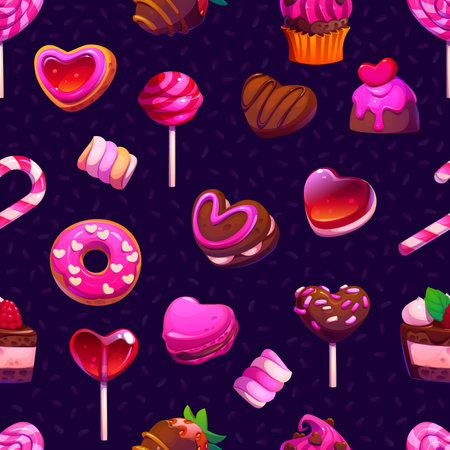 Valentine heart and pink candy sweets seamless pattern, vector cartoon background. Love lollipop caramels pattern for Valentine day of pink donut with strawberry in chocolate and heart cake biscuitsのイラスト素材