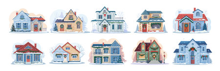Christmas winter house facade exteriors with snow and trees. Xmas holiday town street vector buildings with snowy roofs, Christmas decorations, wreaths, garlands and lights on doors and windowsのイラスト素材