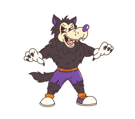 Groovy Halloween werewolf character in retro cartoon for horror holiday, vector funky monster. Groovy werewolf or evil monster wolf animal scary with spooky face and claws for Halloween holidayのイラスト素材