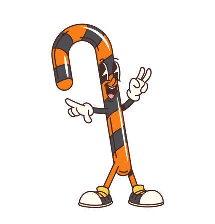 Groovy Halloween candy cane character in retro cartoon for horror holiday, vector comic. Groovy funky candy cane with smiling face and hippie peace gesture for Halloween trick or treat characterのイラスト素材