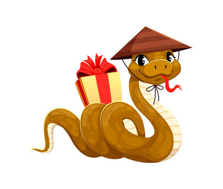 Cartoon snake character wearing traditional hat holds a gift, celebrating the Chinese Lunar Year 2025. Vector cute festive reptile representing joy, cultural holiday celebration and animal zodiac signのイラスト素材