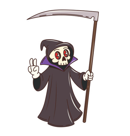 Groovy Halloween death reaper character for holiday horror monsters, vector retro cartoon. Funky groovy death reaper with scythe, happy smiling skeleton skull face and peace sign gesture for Halloweenのイラスト素材