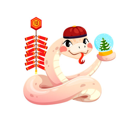 Cheerful cartoon snake character, symbolizing the Chinese Lunar Year 2025, wears traditional red hat while holding a festive snow globe with a Christmas tree and firecrackers exudes cultural traditionのイラスト素材
