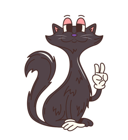 Groovy Halloween black cat character with hippie peace sign gesture for holiday, cartoon vector. Funny witch black cat retro cartoon character with happy face smile for Halloween trick or treat partyのイラスト素材