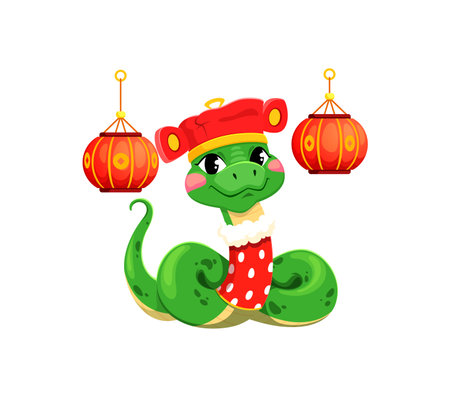 Cartoon festive snake character symbolizes the Chinese lunar year 2025, luck, Asian culture, festivities and Isolated vector zodiac reptile wears red hat and scarf, surrounded by traditional lanternsのイラスト素材
