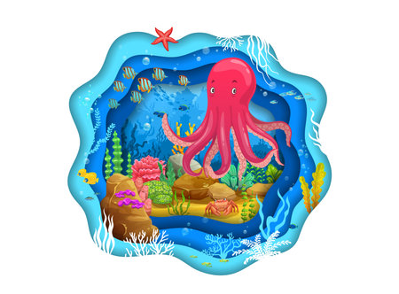 Funny cartoon octopus on paper cut sea underwater landscape with fishes, vector background. Undersea coral reef animals in ocean water with octopus character, starfish and crab in papercut seaweedsのイラスト素材