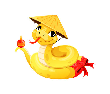 Cartoon yellow snake character in traditional Asian hat, symbolizing Chinese lunar new year. Cute vector reptile holds red bauble and adorned with a festive ribbon, capturing celebration and cultureのイラスト素材