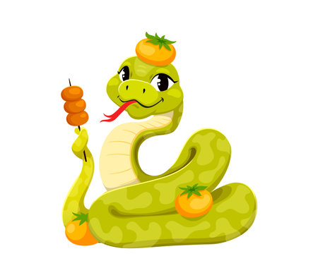 Cute cartoon snake character with mandarin fruits celebrating Chinese Lunar Year 2025. Playful vector zodiac reptile animal holds a skewer, symbolizing festivity and Asian tradition, joy and cultureのイラスト素材