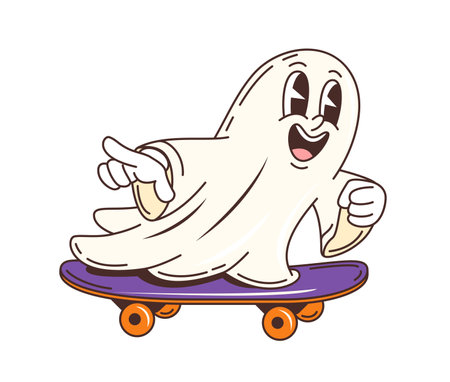 Groovy Halloween ghost character on skateboard for horror holiday, vector cartoon boo. Halloween holiday and horror night trick or treat party groovy cartoon character of funky ghost riding skateboardのイラスト素材