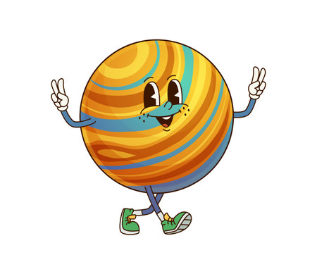 Jupiter solar system groovy planet character smiling and waving hands. Isolated cartoon vector trendy space object with retro 60s and 70s vibes and colorful rings on its surface, flashing peace signsのイラスト素材