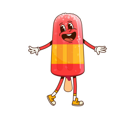 Groovy ice cream character, playful cartoon icecream popsicle dessert personage with a smiling face and colorful red and yellow layers, radiates happiness and summer funky vibes as it dances joyfullyのイラスト素材