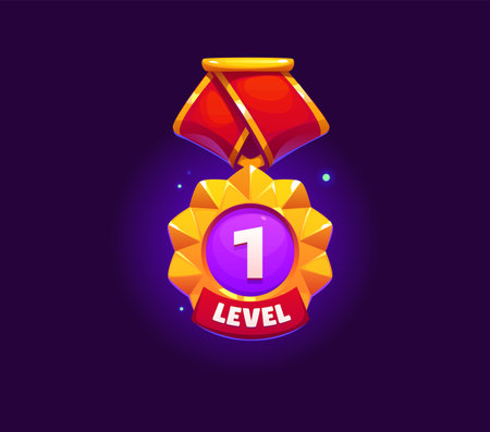 Game rank level up badge icon, victory shield. Cartoon vector game asset, trophy, winner reward. Golden medal features number one in center, polished surface and glowing sparks, attached to red ribbonのイラスト素材