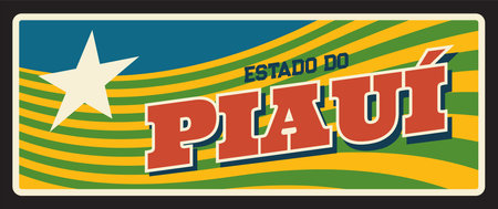 Brazil Estado de Piaui metal sign, travel plate, vector. Vintage flag, Brazilian district and state or Brasil estados metal plaque. Teresina state capital, car number or retro memory cardのイラスト素材