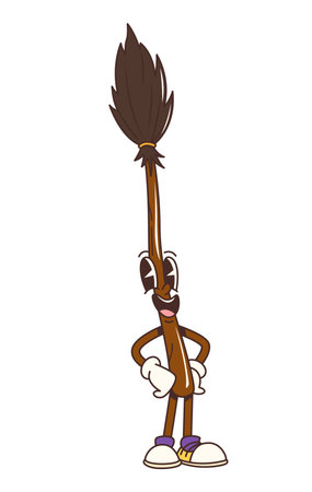 Groovy Halloween witch broom cartoon character for horror night holiday, vector retro comic. Funny groovy witch broomstick with happy smile for Halloween holiday monsters and retro cartoon characterのイラスト素材