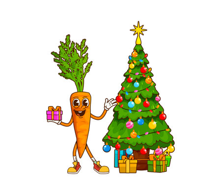 Groovy Christmas carrot vegetable character. Farm harvest veggie isolated cartoon happy personage, agriculture ripe food or carrot vegetable cute character near decorated Christmas tree and giftsのイラスト素材