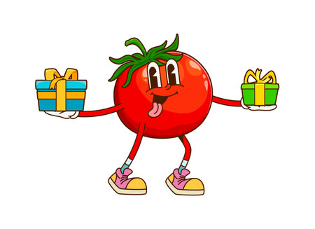 Groovy Christmas tomato vegetable character. Agriculture whole veggie happy groovy mascot, farm vegetarian food or ripe tomato vegetable cheerful cartoon vector character with Christmas gift boxesのイラスト素材