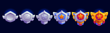 Military game level badge, rank rate medal progression for video game UI or app development projects. Cartoon vector metal silver and golden winged shields convey advancement, success and achievementのイラスト素材