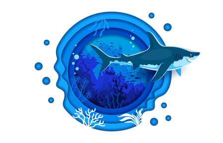 Cartoon paper cut underwater landscape with funny shark and undersea fishes, vector banner. Sea or ocean life of underwater animals and coral reef in paper cut water with shark and stingray silhouetteのイラスト素材