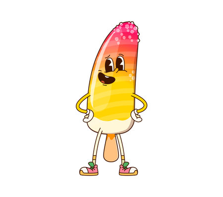 Groovy ice cream character. Cartoon vector vibrant and playful icecream popsicle personage with stands akimbo with cheerful expression and bright colors, exudes summer vibes, fun and positivityのイラスト素材