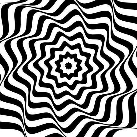 Psychedelic hypnotic swirl spiral hypnosis pattern with optical illusion effect, vector background. Hypnotic spiral vortex of vertigo twirls of black white psychedelic pattern with circular linesのイラスト素材