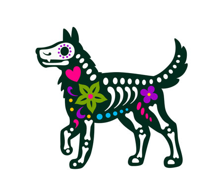 Mexican day of the dead dog animal tattoo, sugar skull with skeleton bones, floral and heart motifs. Vector skeletal canine figure reflects traditional art, festive and celebratory spirit of Muertosのイラスト素材