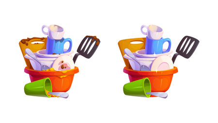 Dirty and clean dishes stack before and after wash, plates with stains and cups with shine, cartoon vector. Dirty and clean kitchenware pile with food dirt stains after cooking on cups and dish platesのイラスト素材