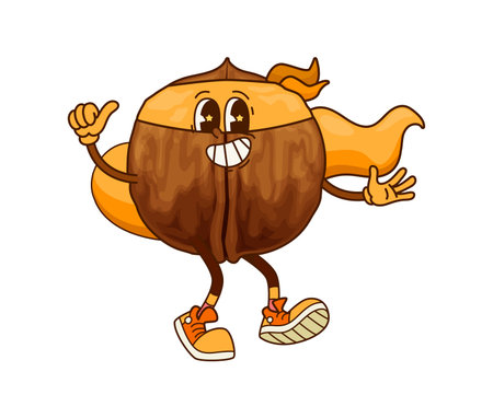 Groovy walnut superhero character with a playful expression, dressed in a funky cape and mask, exudes confidence and charm with vibrant costume and a quirky face, embodying a fun and whimsical spiritのイラスト素材