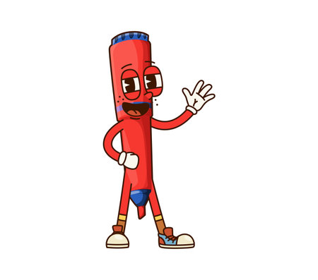 Groovy school felt pen character. Child education or study accessory happy groovy mascot or elementary school stationery funny cartoon character. Student felt pen comical isolated personageのイラスト素材