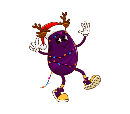 Groovy Christmas eggplant vegetable character. Agriculture fresh eggplant vegetable cute groovy character, farm harvest veggie, farming market vegetable cheerful Christmas isolated cartoon personageのイラスト素材