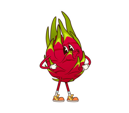 Cartoon groovy pitahaya dragonfruit fruit character. Isolated vector tropical retro dragon fruit personage with expressive face, standing in playful pose, whistling and wearing trendy vintage sneakersのイラスト素材