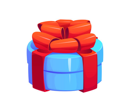 Cartoon Christmas and birthday holiday gift box. Bright and shiny blue round box wrapped with a lush red ribbon. Isolated vector xmas present or surprise conveys a festive vibe of seasonal celebrationのイラスト素材